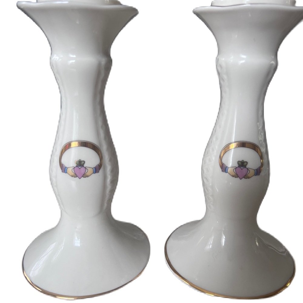 Claddagh Candlestick Holders Porcelain gold trim ivory white Donegal Parian